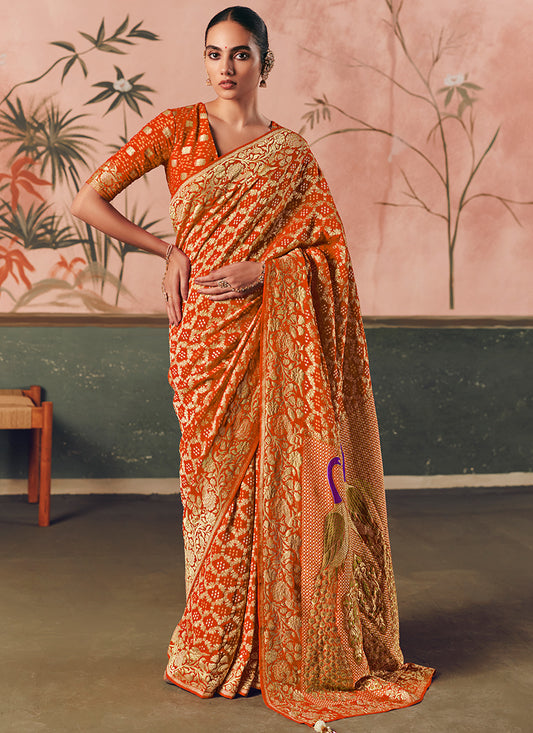 Georgette Orange Wedding Wear Weaving Work Saree 386730