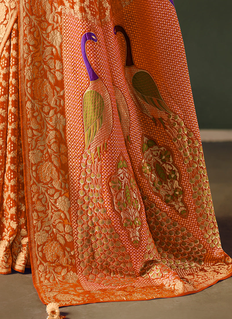 Georgette Orange Wedding Wear Weaving Work Saree 386730