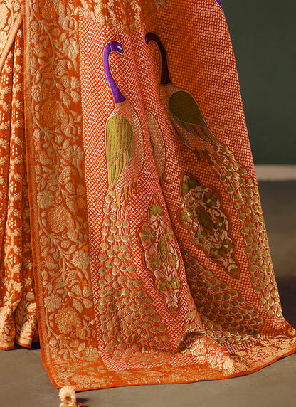 Georgette Orange Wedding Wear Weaving Work Saree 386730