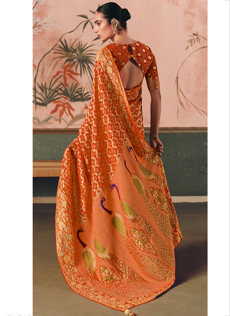 Georgette Orange Wedding Wear Weaving Work Saree 386730