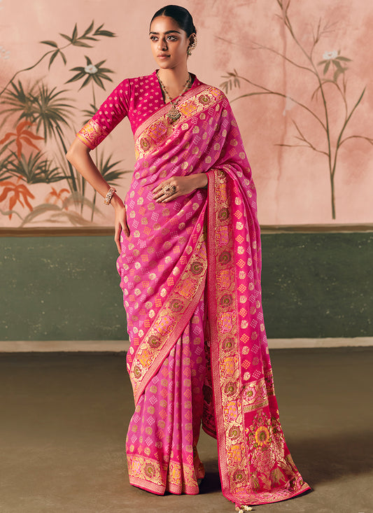 Georgette Pink Wedding Wear Weaving Work Saree 386731