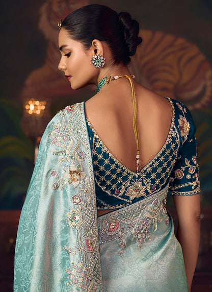 Silk Sky Blue Wedding Wear Embroidery Work Saree 386910