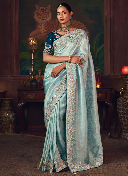 Silk Sky Blue Wedding Wear Embroidery Work Saree 386910