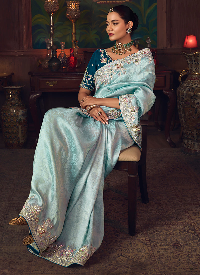 Silk Sky Blue Wedding Wear Embroidery Work Saree 386910