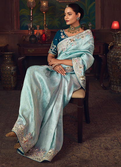 Silk Sky Blue Wedding Wear Embroidery Work Saree 386910