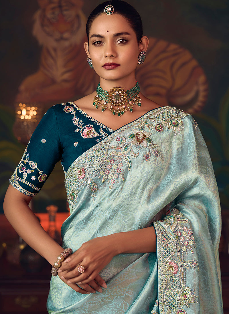 Silk Sky Blue Wedding Wear Embroidery Work Saree 386910
