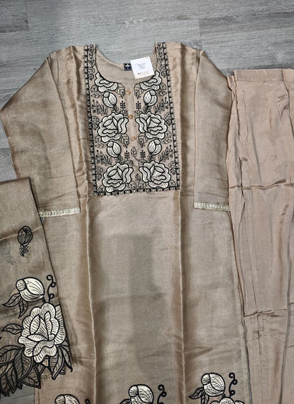 Beige Floral Embroidered Tissue Silk Kurta Set with Dupatta WS-1-1001