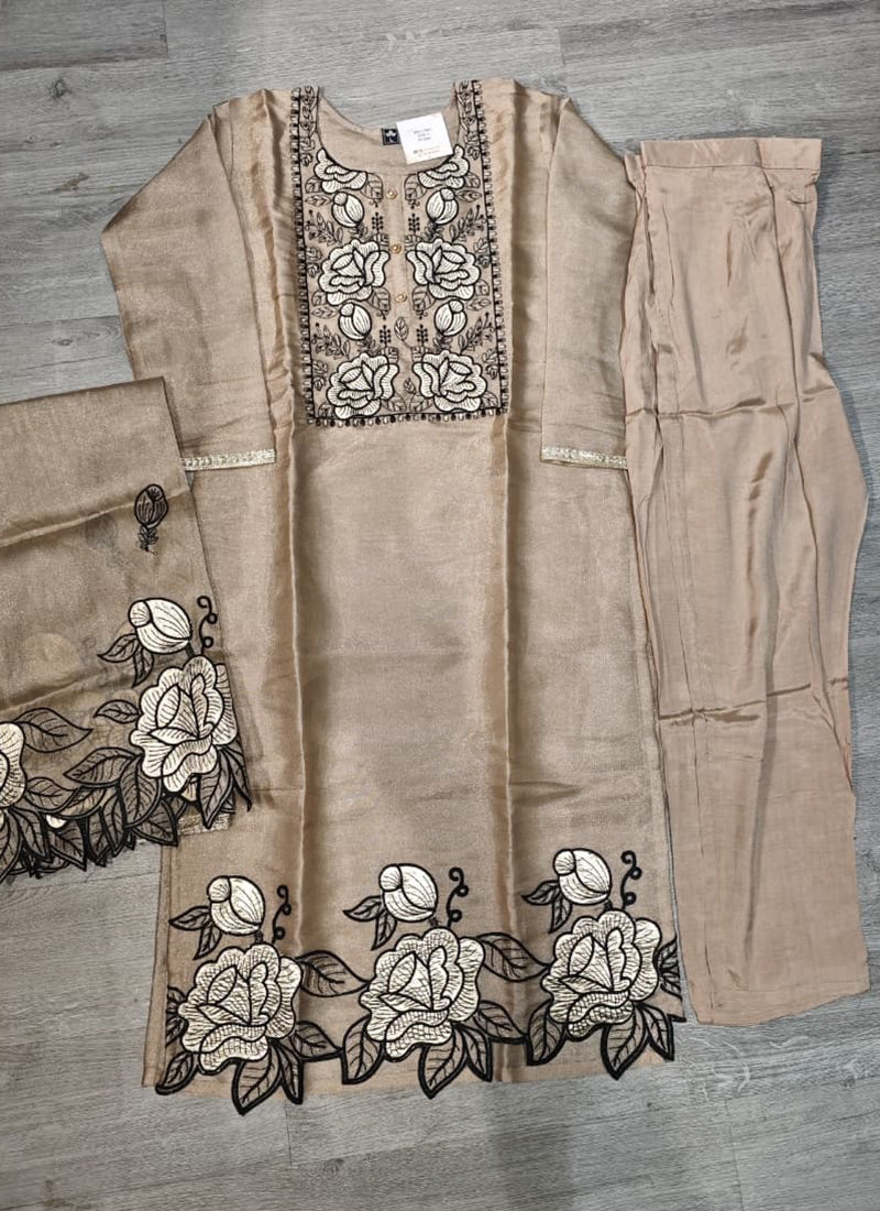 Beige Floral Embroidered Tissue Silk Kurta Set with Dupatta WS-1-1001