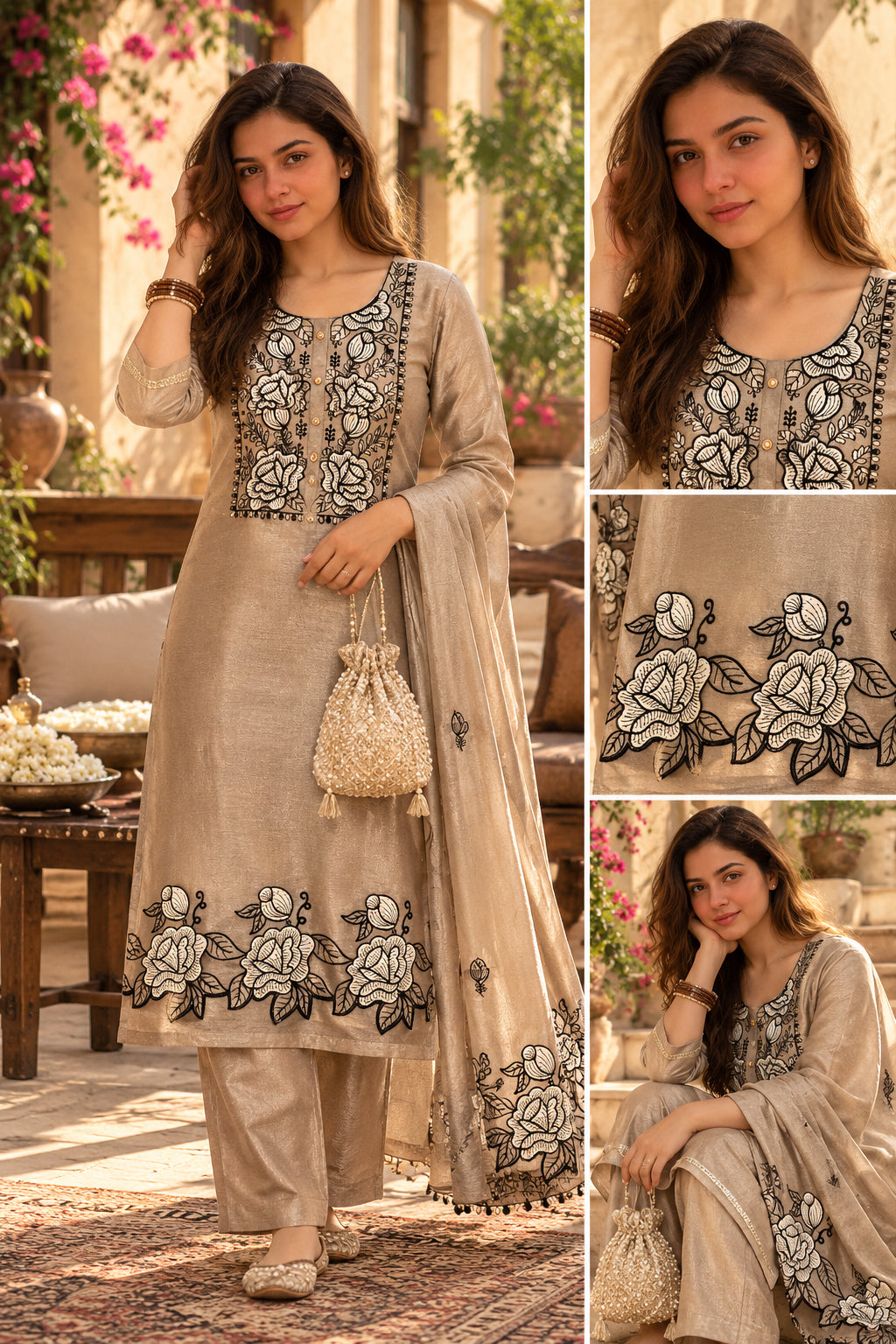 Beige Floral Embroidered Tissue Silk Kurta Set with Dupatta WS-1-1001