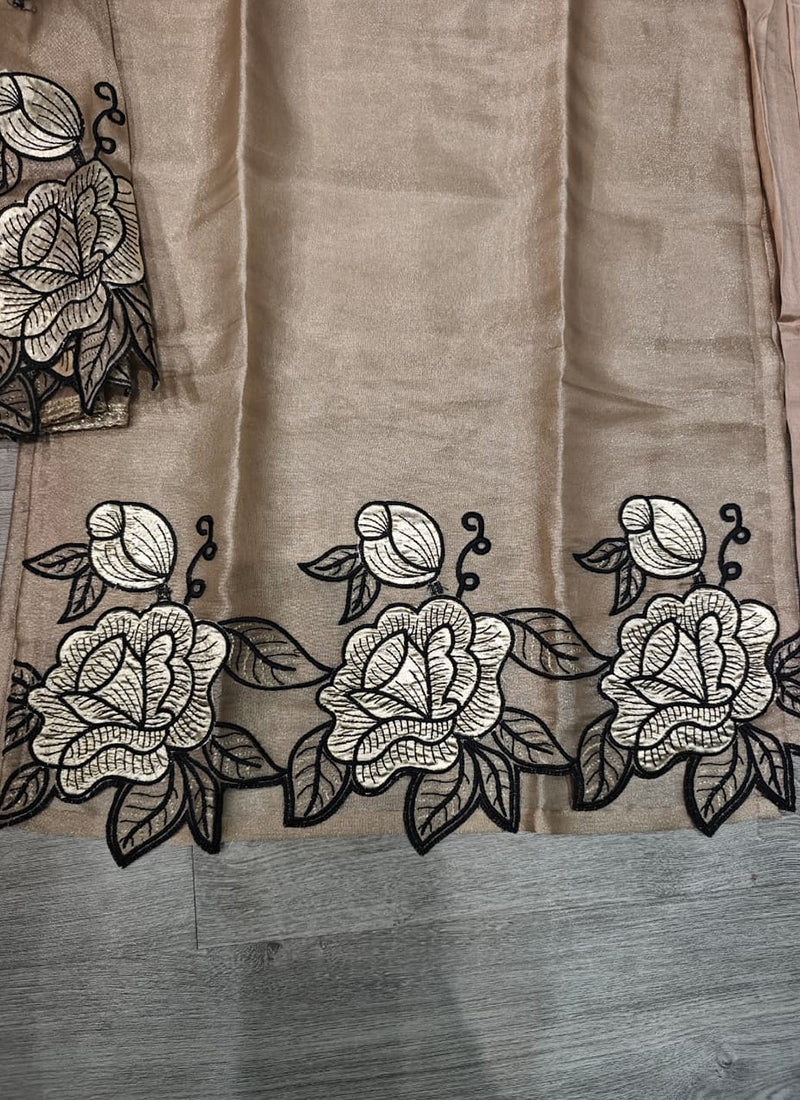Beige Floral Embroidered Tissue Silk Kurta Set with Dupatta WS-1-1001