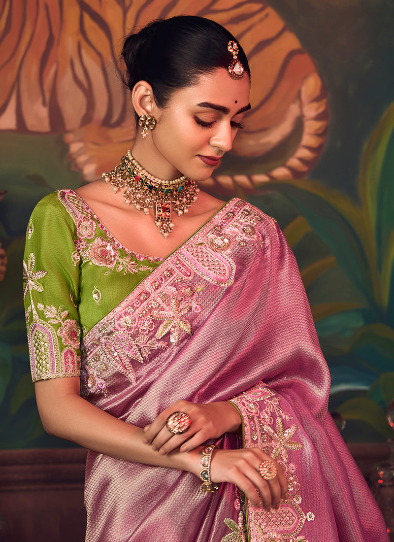 Silk Dusty Pink Wedding Wear Embroidery Work Saree 386911