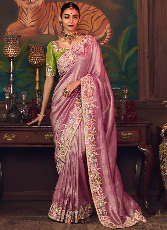 Silk Dusty Pink Wedding Wear Embroidery Work Saree 386911
