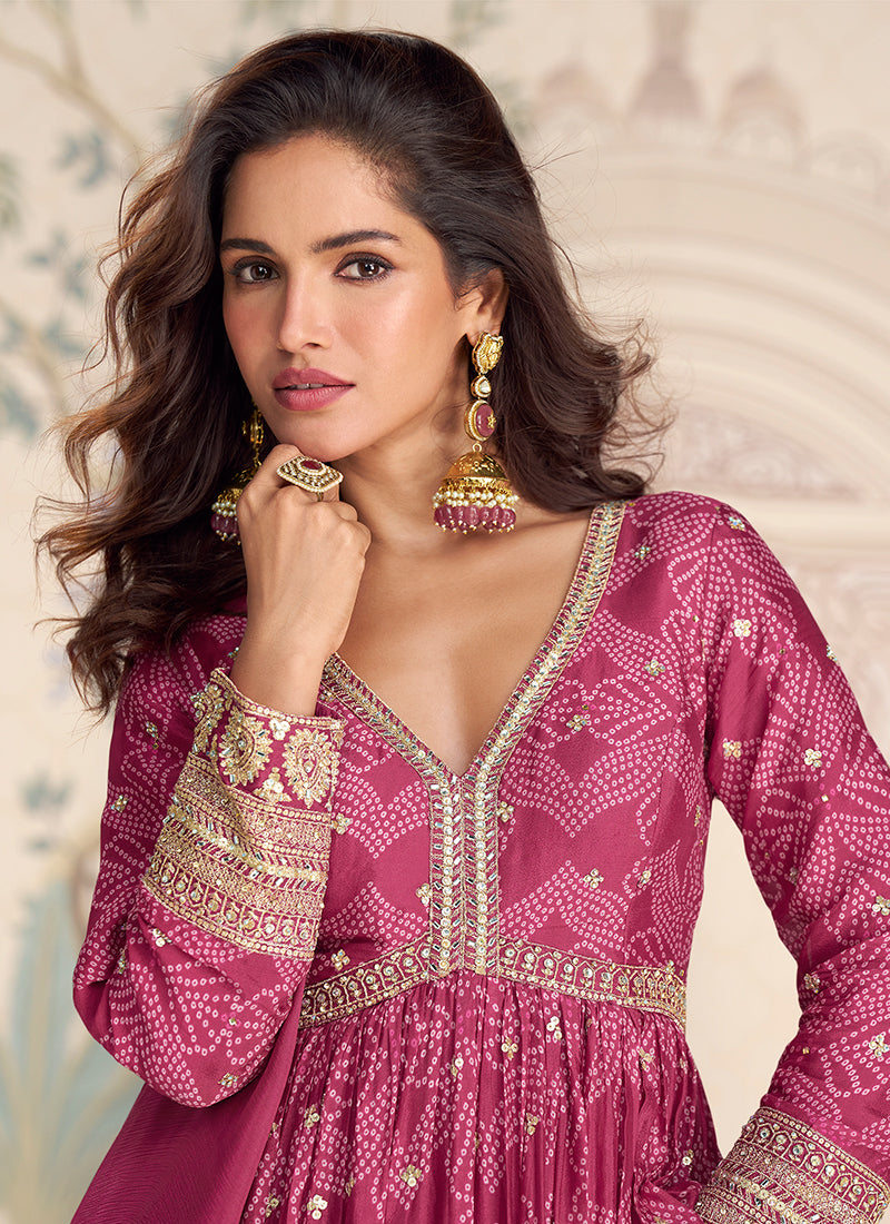 Pink Silk Printed Work Wedding Wear Readymade Anarkali Suit SW510980