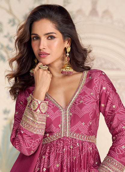 Pink Silk Printed Work Wedding Wear Readymade Anarkali Suit SW510980