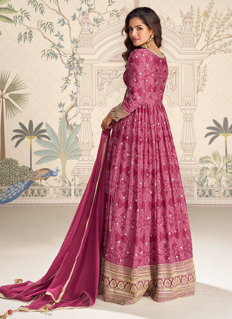 Pink Silk Printed Work Wedding Wear Readymade Anarkali Suit SW510980