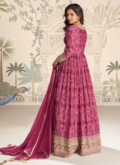 Pink Silk Printed Work Wedding Wear Readymade Anarkali Suit SW510980