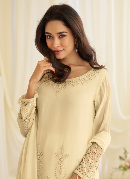 Cream Silk Embroidery Work Occasional Wear Readymade Plazzo Suit SW948654