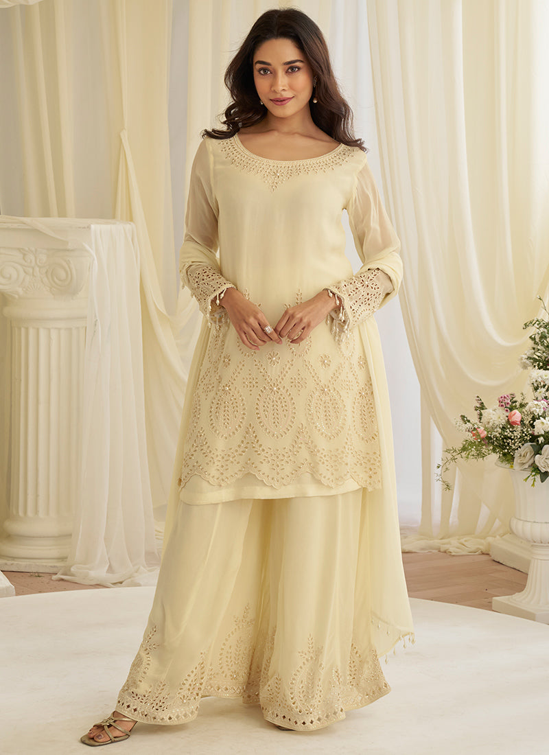 Cream Silk Embroidery Work Occasional Wear Readymade Plazzo Suit SW948654