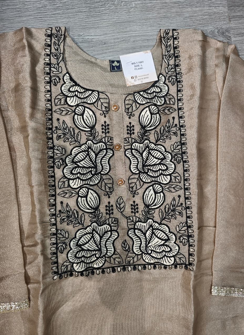 Beige Floral Embroidered Tissue Silk Kurta Set with Dupatta WS-1-1001