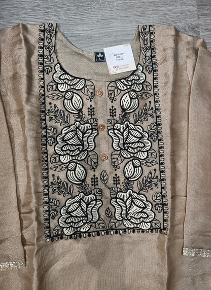 Beige Floral Embroidered Tissue Silk Kurta Set with Dupatta WS-1-1001