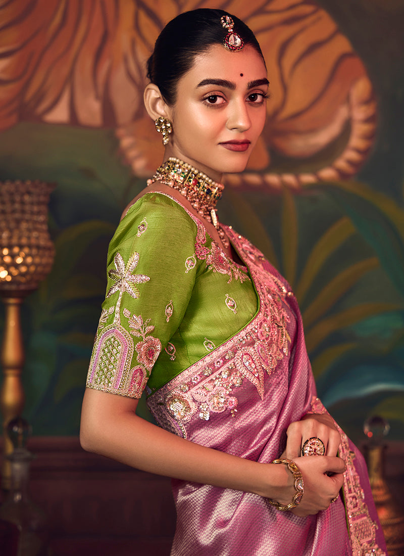 Silk Dusty Pink Wedding Wear Embroidery Work Saree 386911