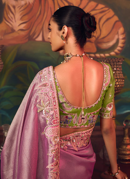 Silk Dusty Pink Wedding Wear Embroidery Work Saree 386911