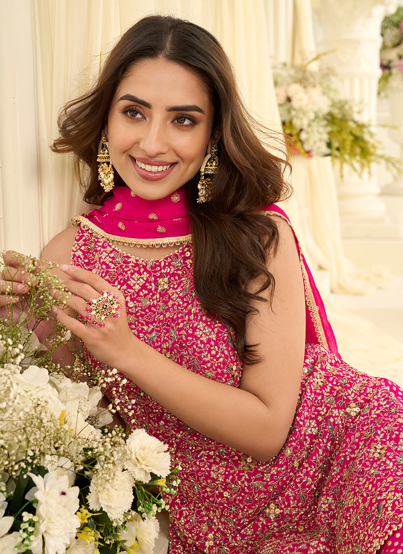 Hot Pink Georgette Embroidery Work Wedding Wear Readymade Sharara Suit SW245537