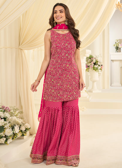 Hot Pink Georgette Embroidery Work Wedding Wear Readymade Sharara Suit SW245537
