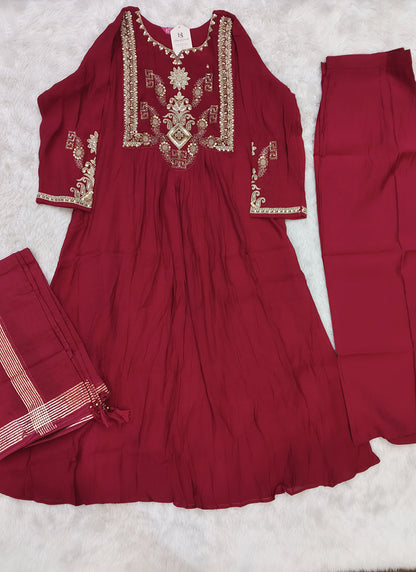 Maroon Zari Embroidered Anarkali Suit with Dupatta EF-S1425