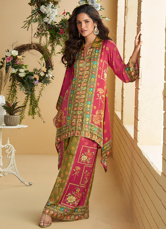 Crepe Silk Multi Color Party Wear Mirror Work Readymade Cord Set 381530