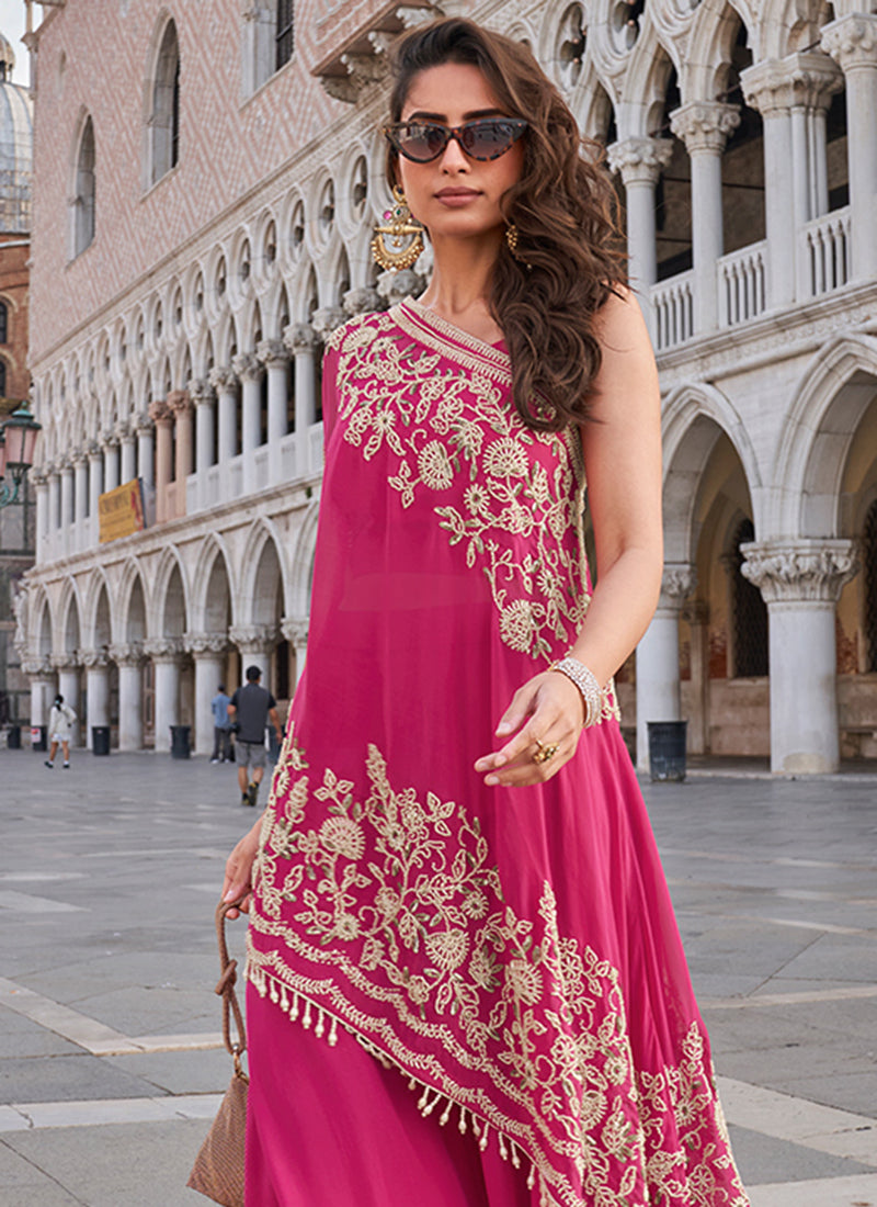 Crepe Pink Party Wear Embroidery Work Readymade Indo-Western Suit 387065