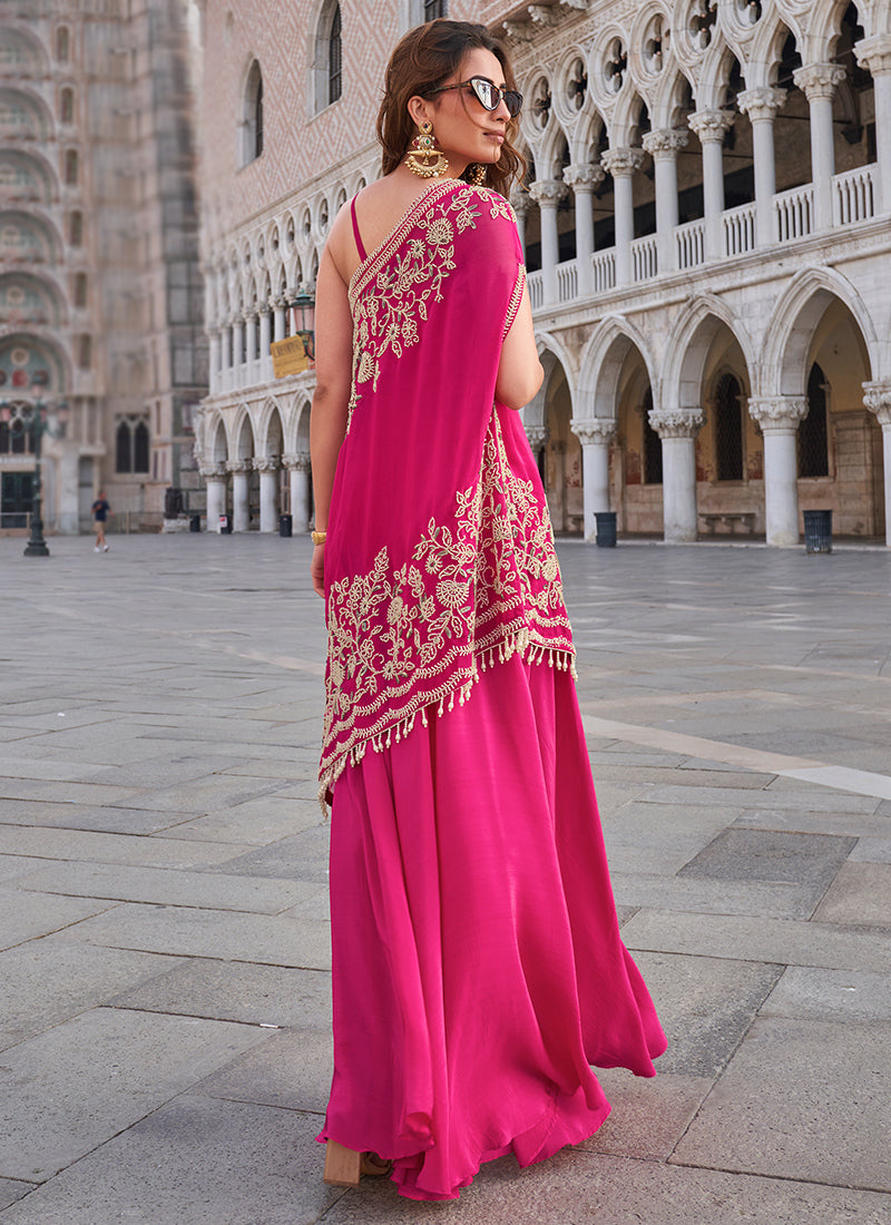 Crepe Pink Party Wear Embroidery Work Readymade Indo-Western Suit 387065