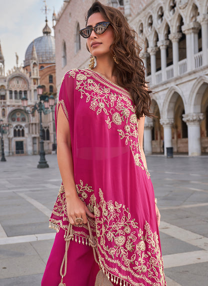 Crepe Pink Party Wear Embroidery Work Readymade Indo-Western Suit 387065