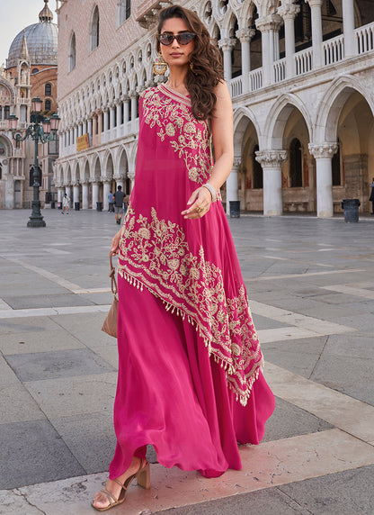 Crepe Pink Party Wear Embroidery Work Readymade Indo-Western Suit 387065