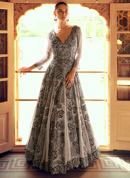 Off White Jaquard Silk Sequins Work  Party Wear Readymade Gown SW301857