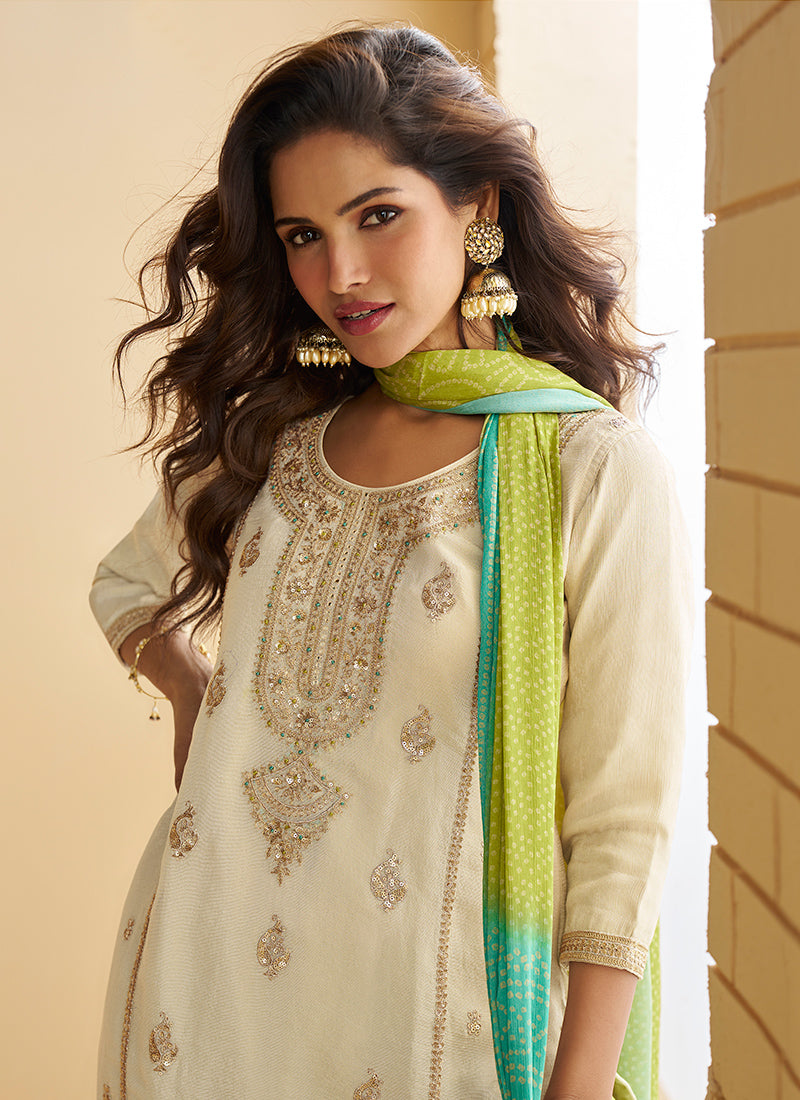 Chinon Off White Wedding Wear Sequins Work Readymade Plazzo Suit 386994