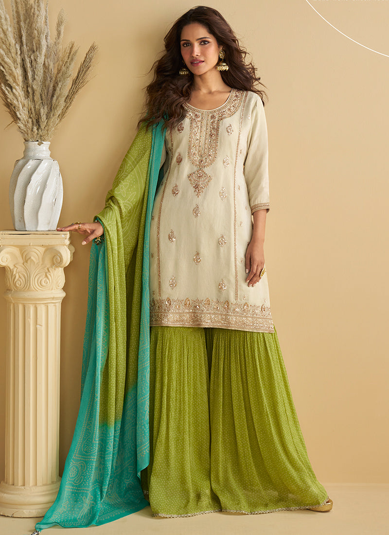 Chinon Off White Wedding Wear Sequins Work Readymade Plazzo Suit 386994