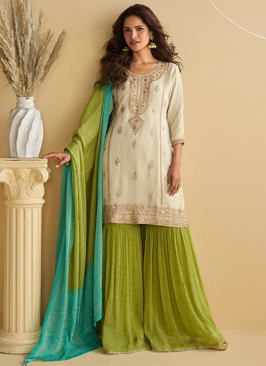 Chinon Off White Wedding Wear Sequins Work Readymade Plazzo Suit 386994