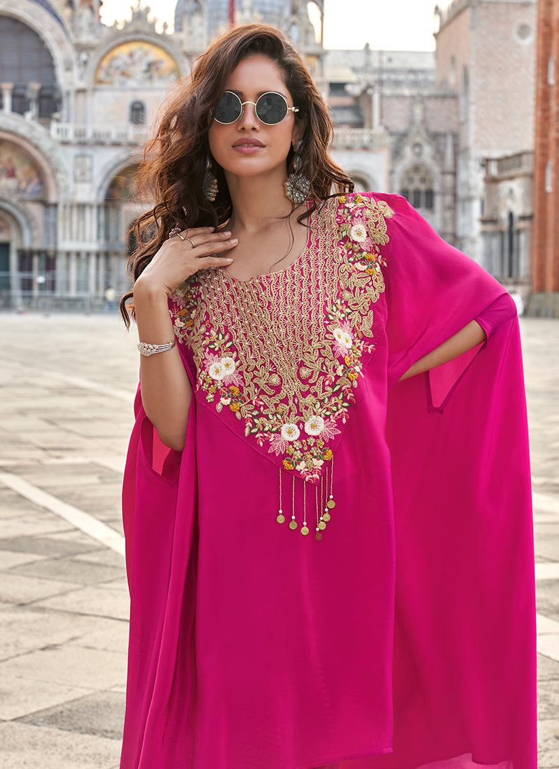 Crepe Silk Pink Festival Wear Embroidery Work Readymade Plazzo Suit 385703