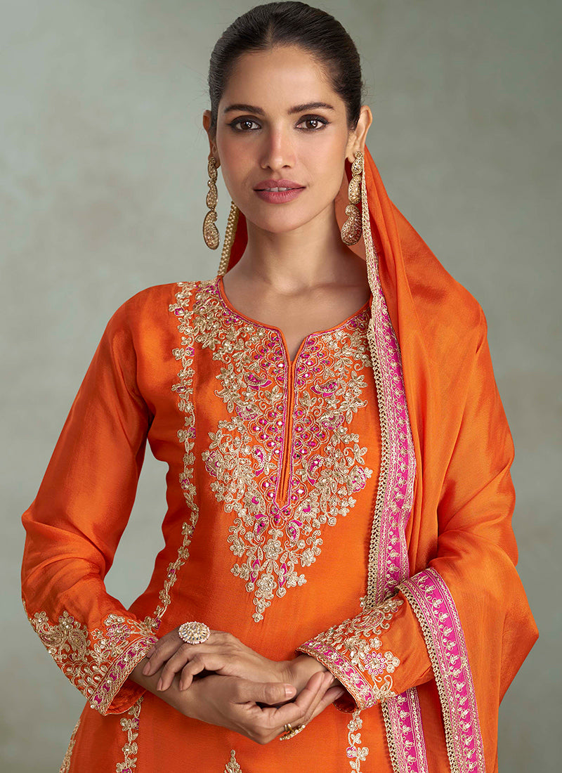 Chinnon Orange Wedding Wear Embroidery Work Readymade Sharara Suit 385696