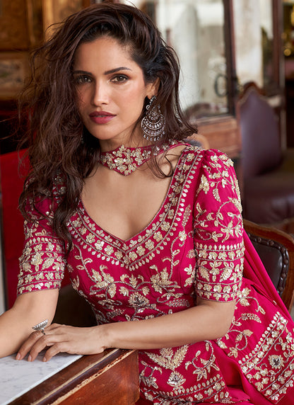 Organza Hot Pink Party Wear Embroidery Work Readymade Plazzo Suit 386336