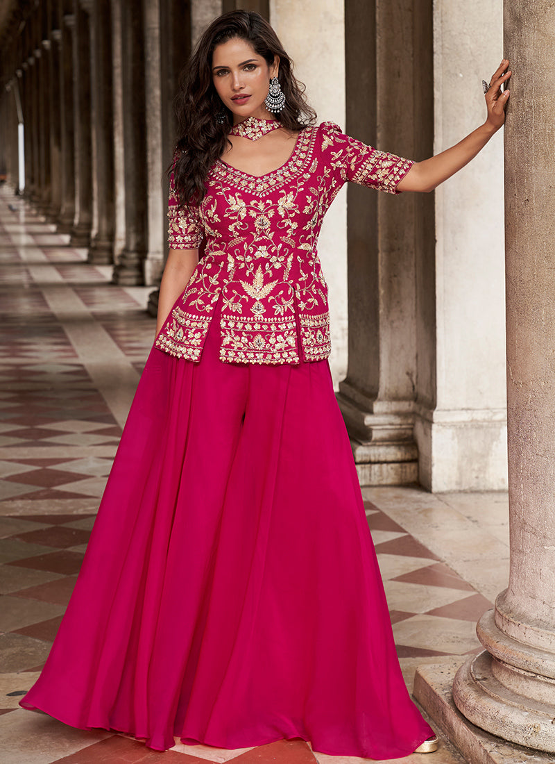 Organza Hot Pink Party Wear Embroidery Work Readymade Plazzo Suit 386336