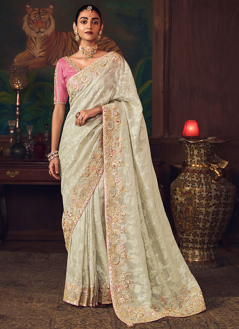 Silk Off White Wedding Wear Embroidery Work Saree 386912