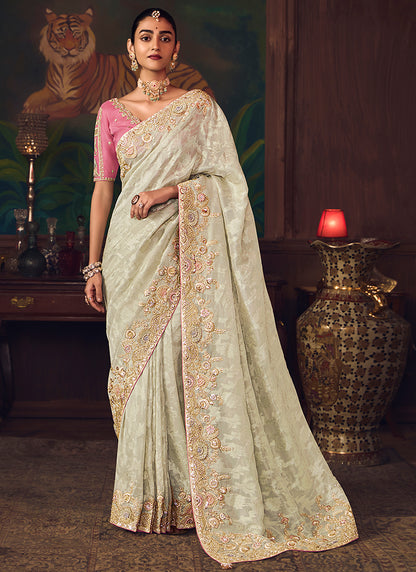 Silk Off White Wedding Wear Embroidery Work Saree 386912