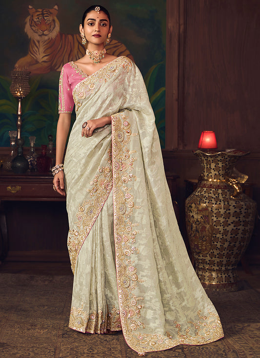 Silk Off White Wedding Wear Embroidery Work Saree 386912
