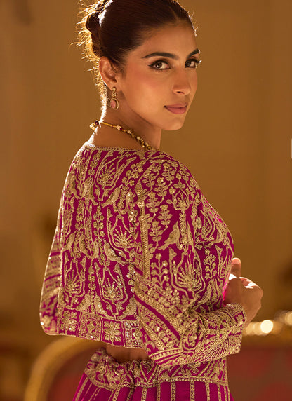 Georgette Pink Occasional Wear Sequins Work Readymade Shrug With Blouse And Lehenga 386889