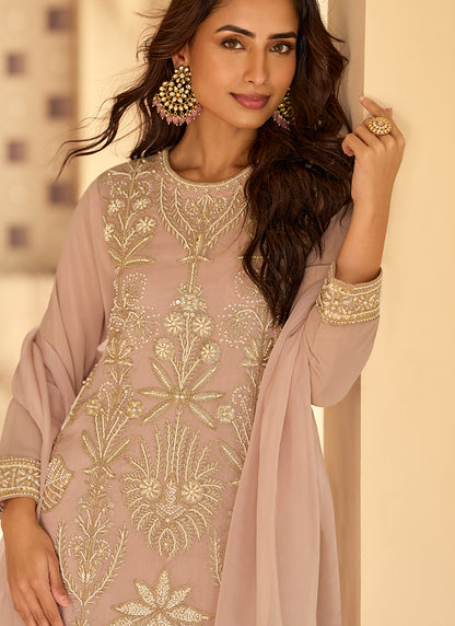 Georgette Light Pink Wedding Wear Embroidery Work Readymade Plazzo Suit 387062