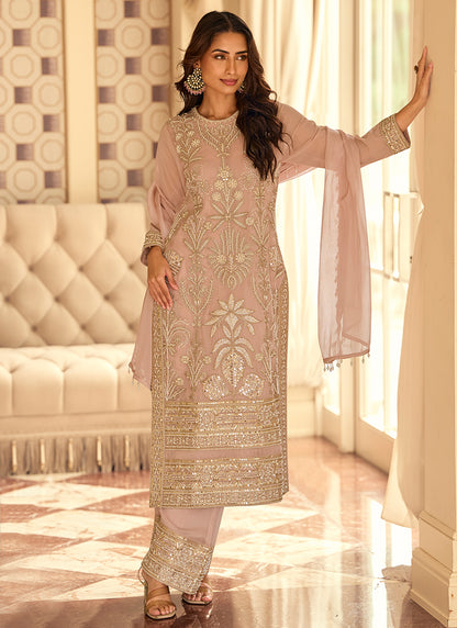 Georgette Light Pink Wedding Wear Embroidery Work Readymade Plazzo Suit 387062