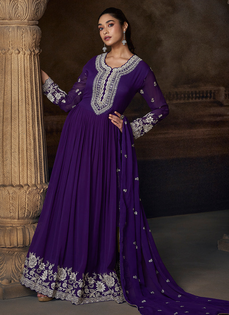 Purple Georgette Embroidery Work Wedding Wear Readymade Anarkali Suit SW102765