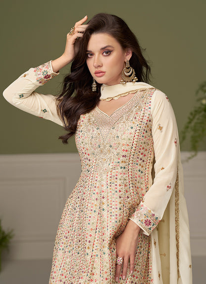 Cream Georgette Sequins Work Wedding Wear Readymade Plazzo Suit SW138551